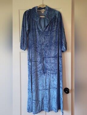 Vintage Blue Velvet Long Robe with Smocked Collar